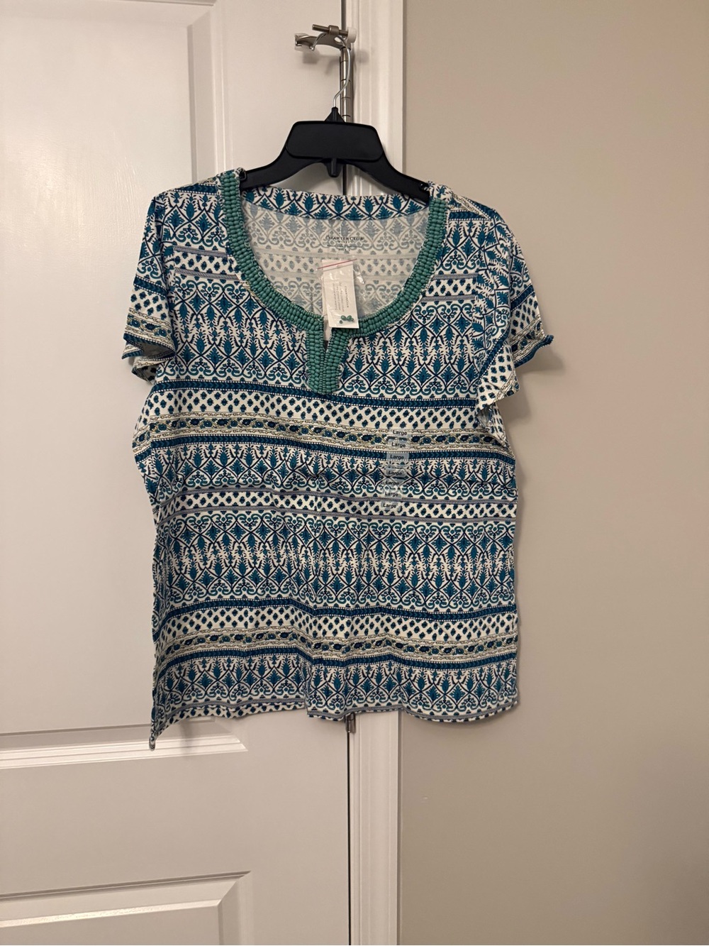 Charter Club Blue and White Patterned Short Sleeve Top with Green Trim